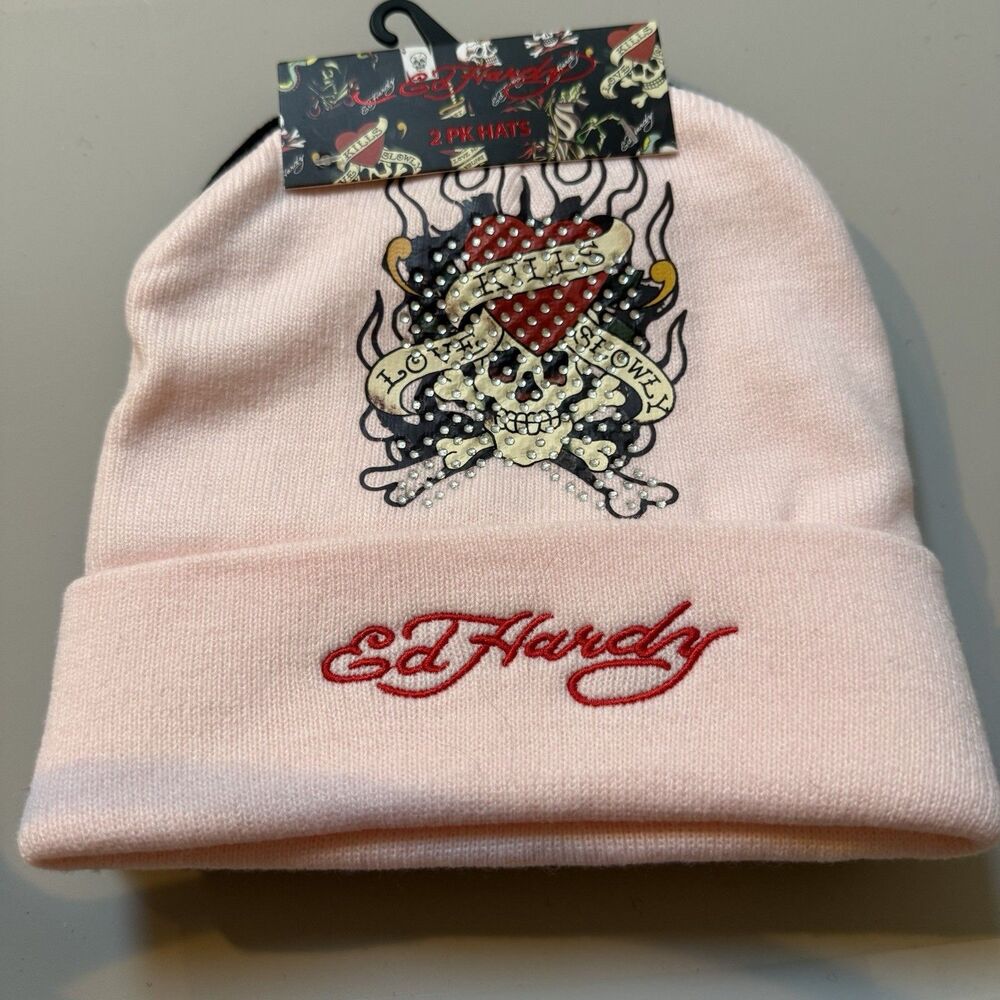 Ed Hardy Love Kills Slowly Pink and Black Beanies 2 PK Hats Bling Tattoo NWT